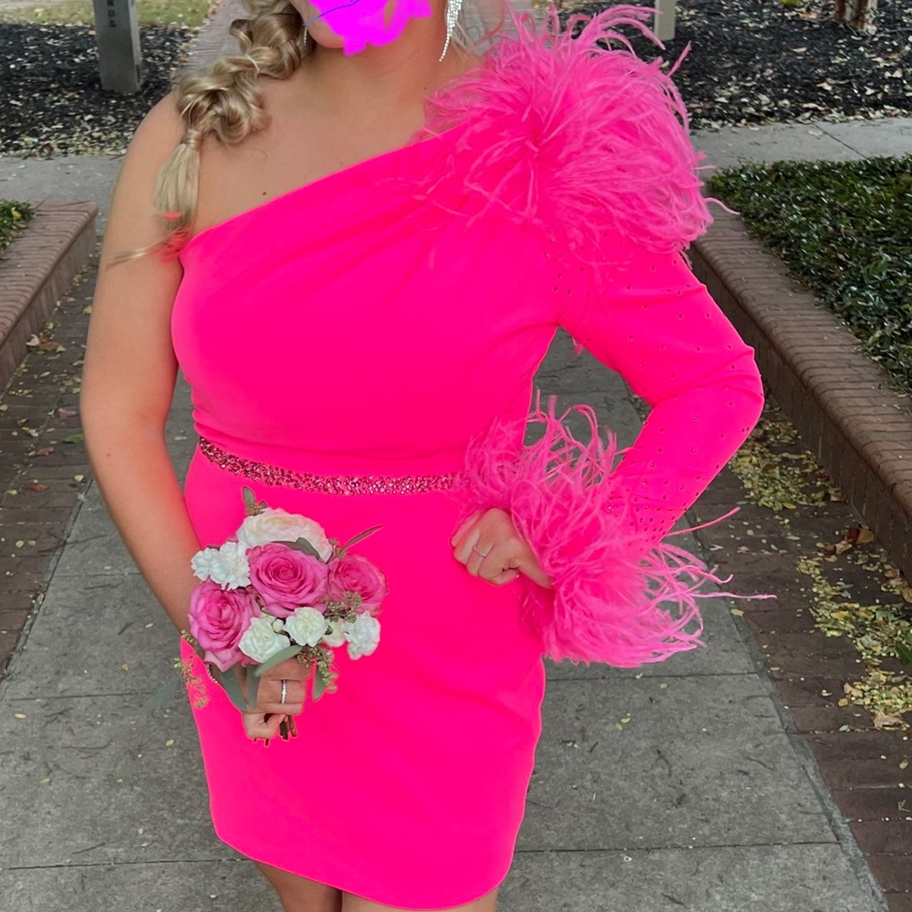 ASHLEY LAUREN Hot Pink Dress- SZ 12. Fitted one shoulder with feather details.